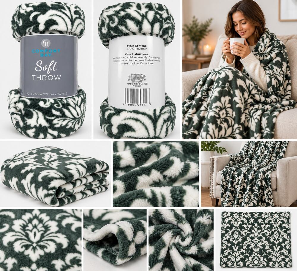 Comfort Bay Soft Throw Blanket – Green & White Damask – 50" x 60"